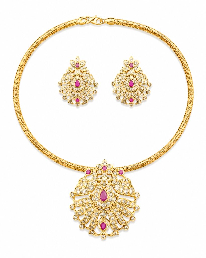 Grand Peacock Medallion CZ & Ruby Hasli Collar Set