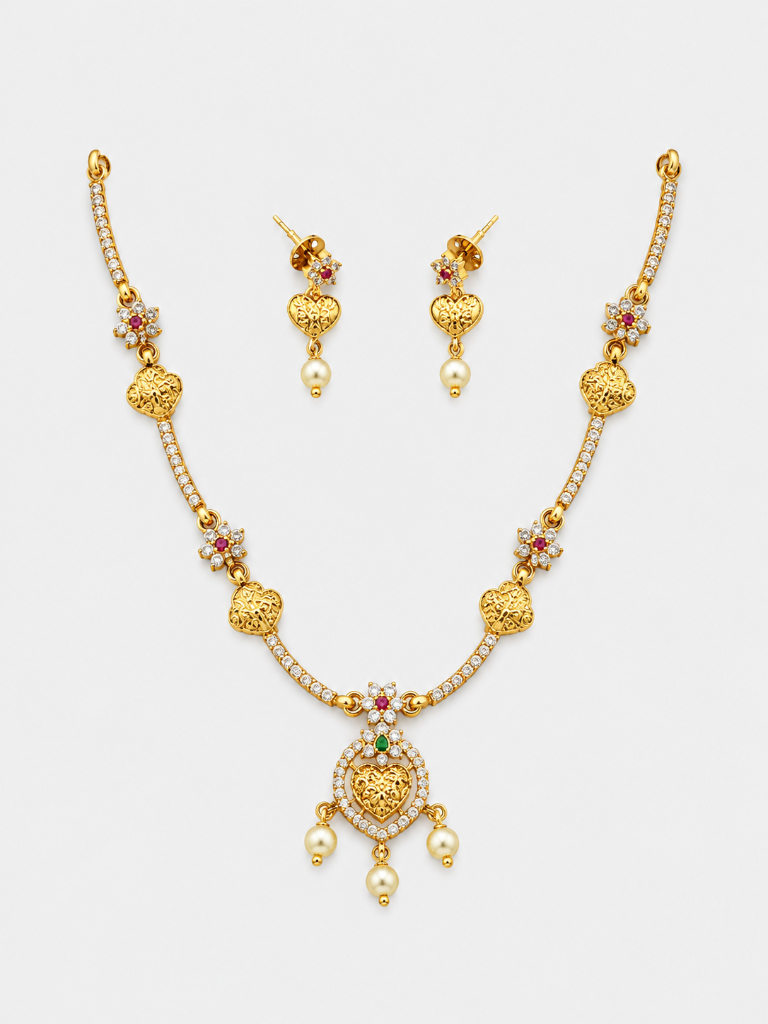 Delicate Heart CZ & Ruby Necklace Set