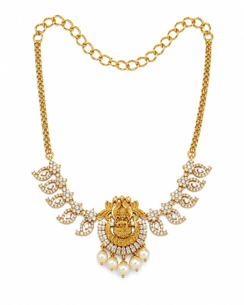 Divine Goddess Lakshmi CZ Temple Gold Crescent Necklace