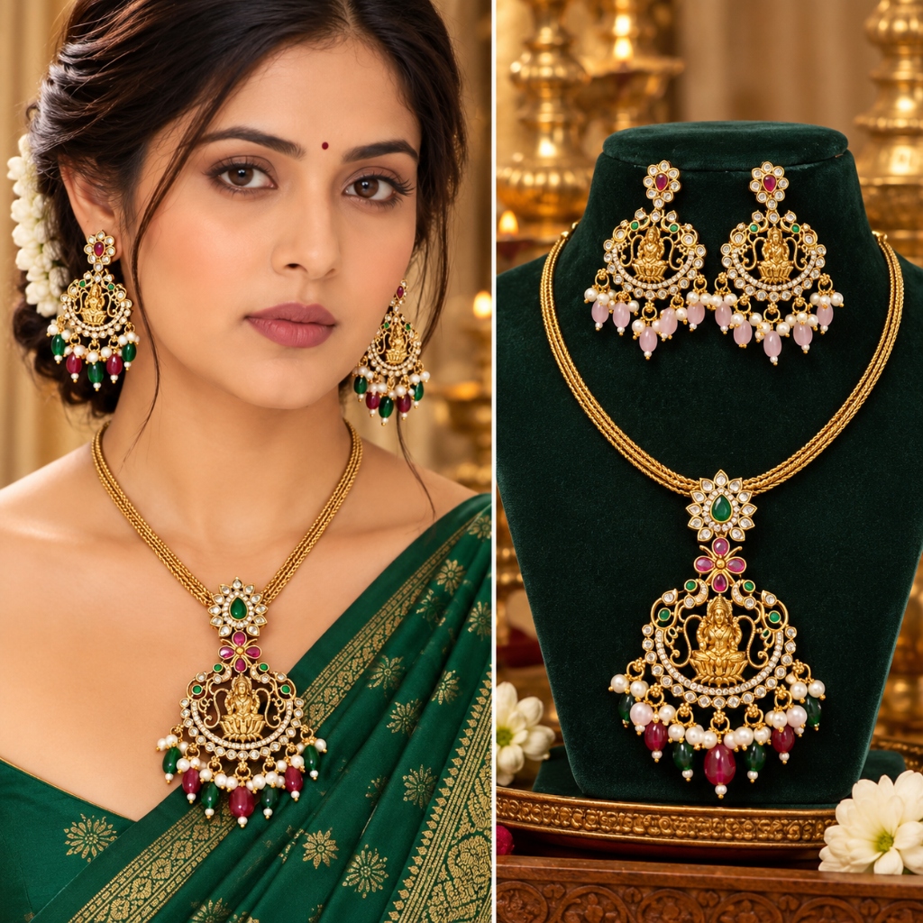 Lakvena Goddess Lakshmi Medallion Triple Chain Necklace Set