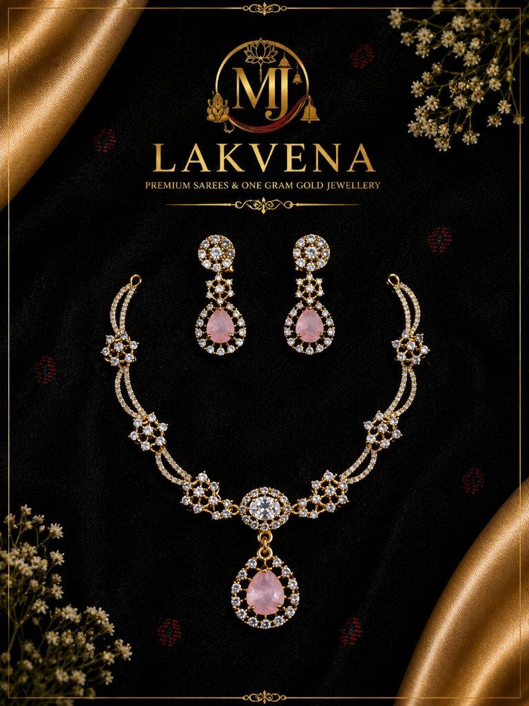 Lakvena Midnight Edition Rose Pink Crystal Teardrop Gold Choker Set