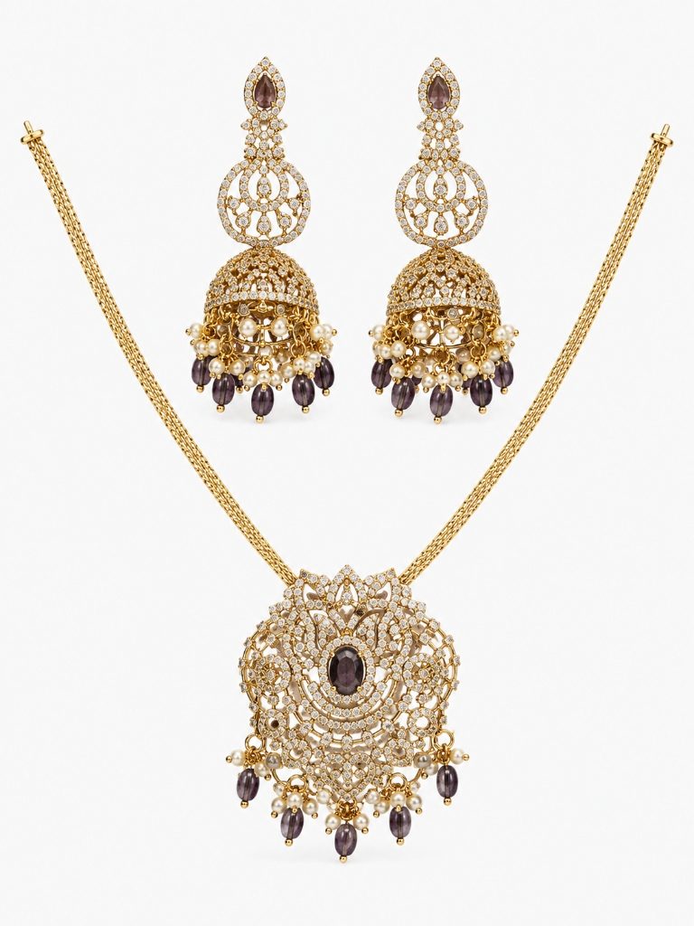 Royal Amethyst CZ Medallion & Grand Jhumka Set