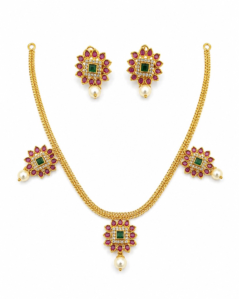 Lakvena Sunburst Ruby & Emerald Square Floral Mesh Chain Necklace Set
