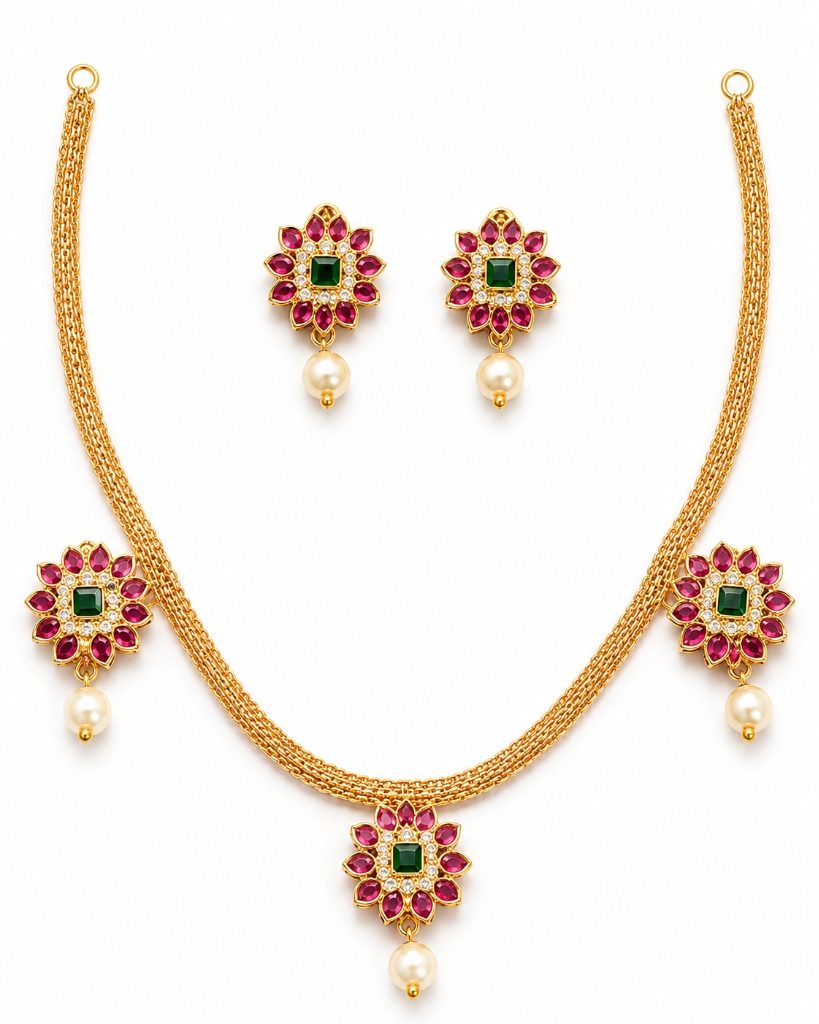 Royal Ruby & Emerald Sunburst Flower Mesh Chain Necklace Set